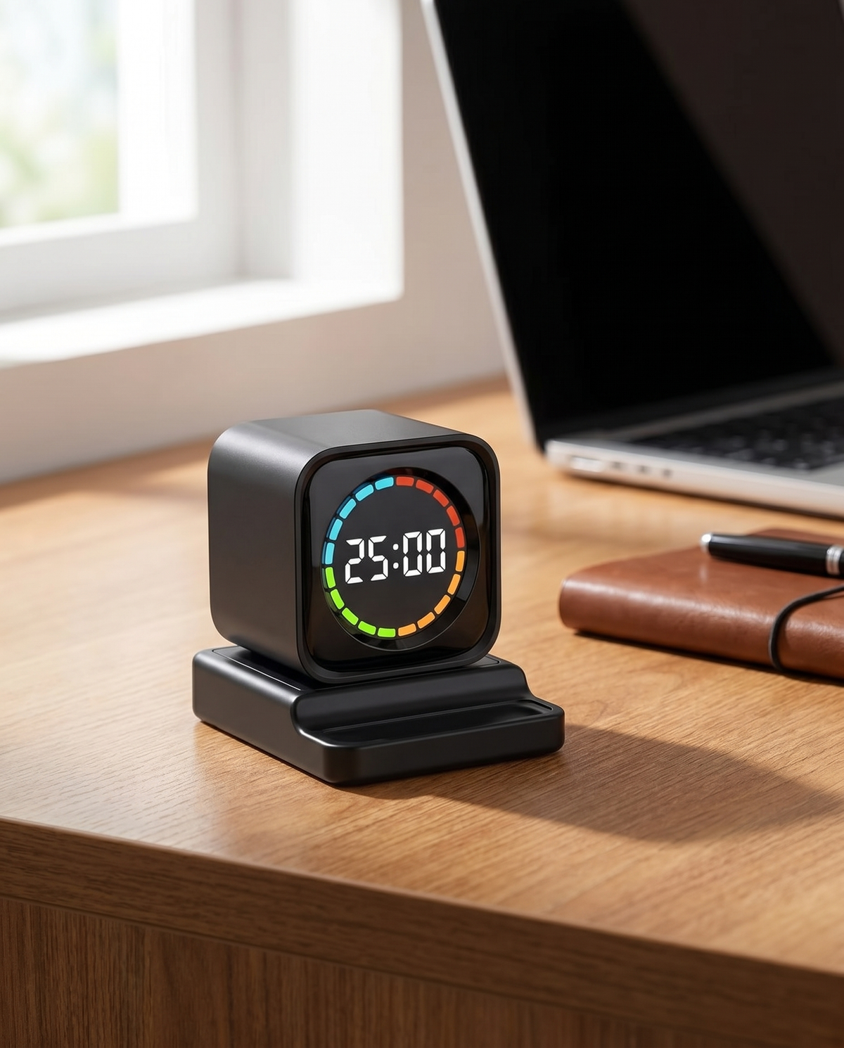 O cubo na mesa do home office marcando os blocos de trabalho.