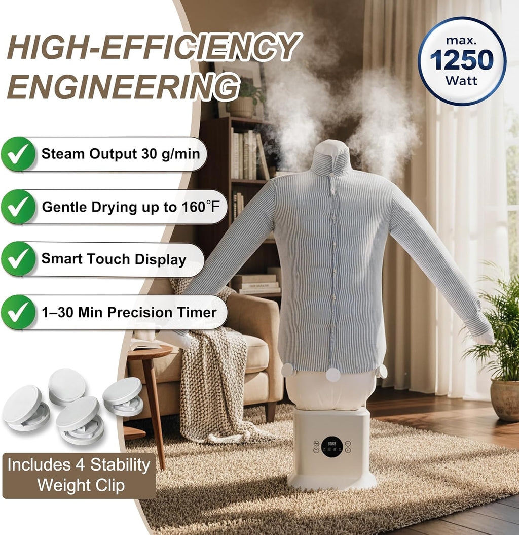 Automatic Ironing Machine 3.0, 3-in-1 Air & Steam Garment Dryer and Iron for Shirts, Pants, Dresses and More, Hands-Free Garment Care with Adjustable Time & Temperature, 1250W Fast Drying System