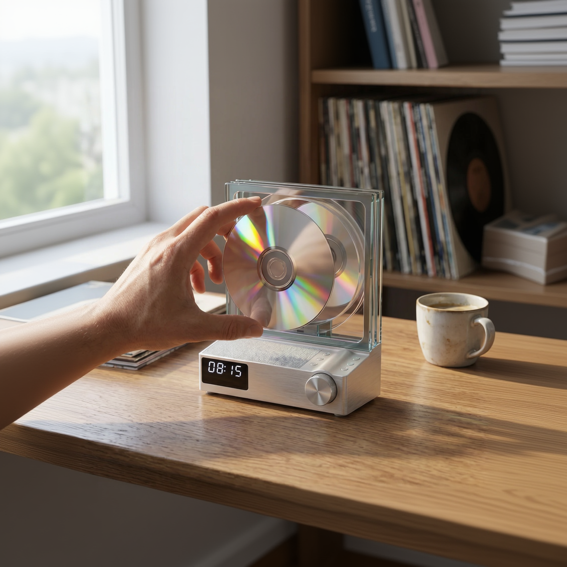 Retro CD Player vertical com iluminação RGB ligada, sobre estante com discos de vinil