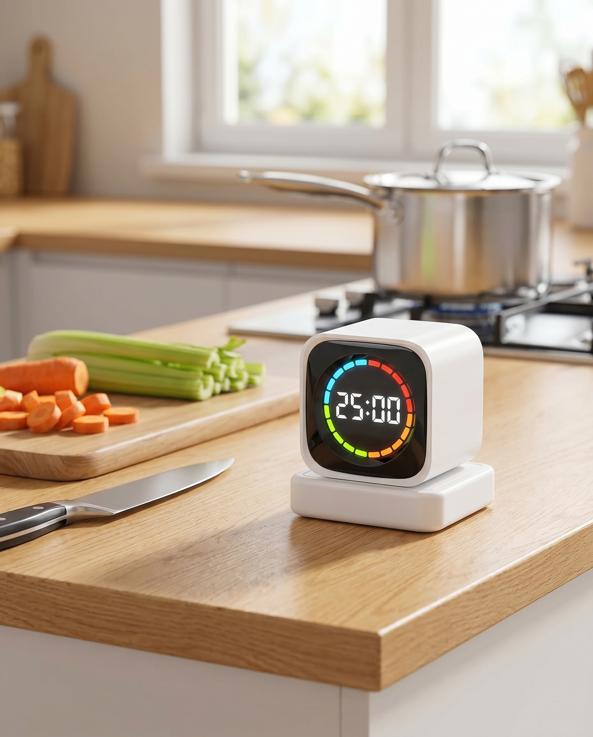 Contagem regressiva por giro na cozinha, sem app aberto.